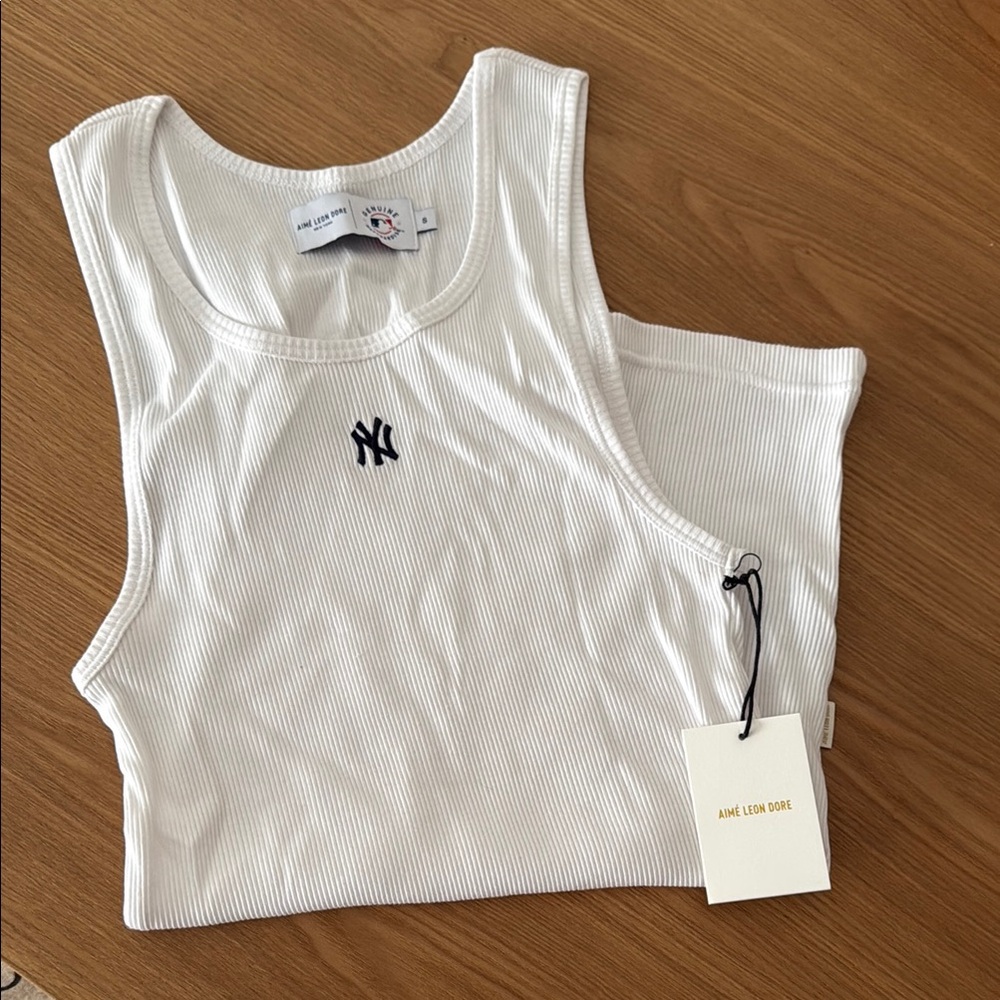 Aime Leon Dore White Ribbed Tank with NY Yankee Logo